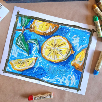 Lemons On The Water | Oil Pastel Illustration