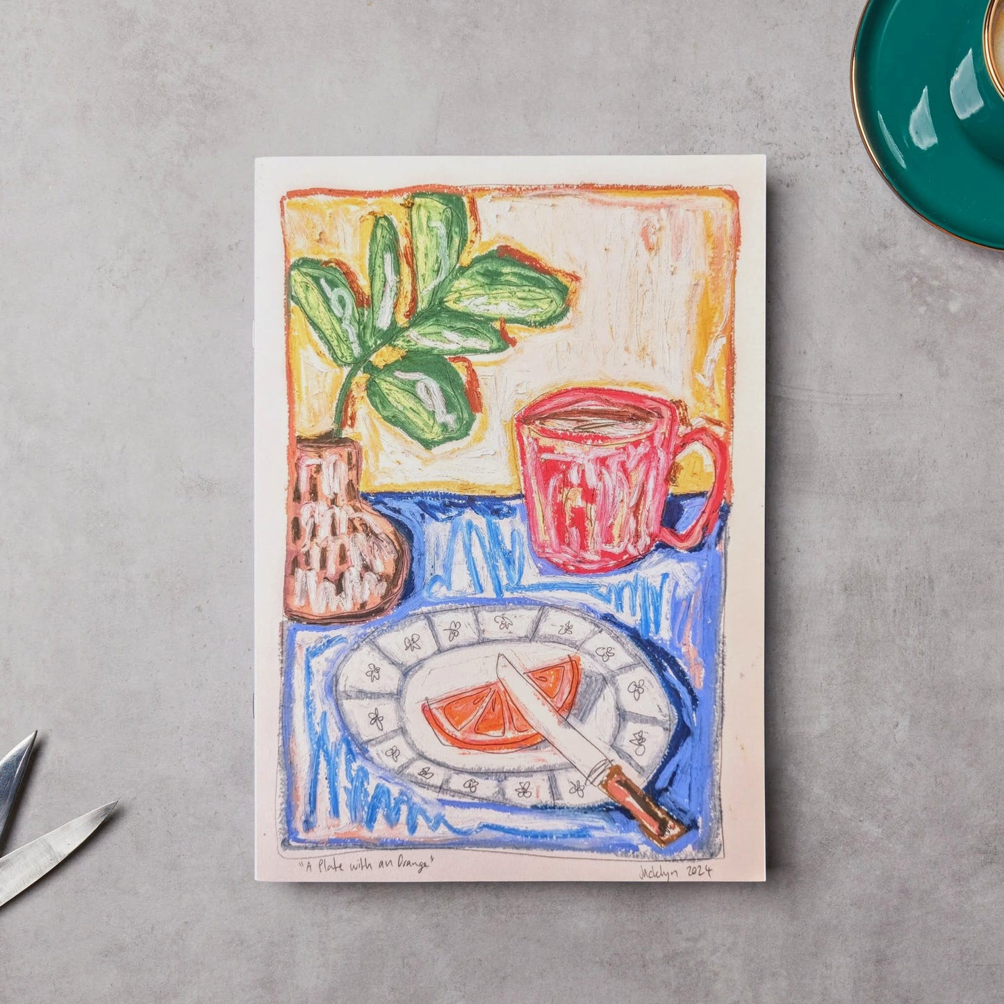 A Plate With An Orange | Oil Pastel Illustration